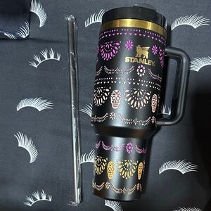 Stanley Black Travel Mug with Pink & Gold Day-of-the-Dead Design